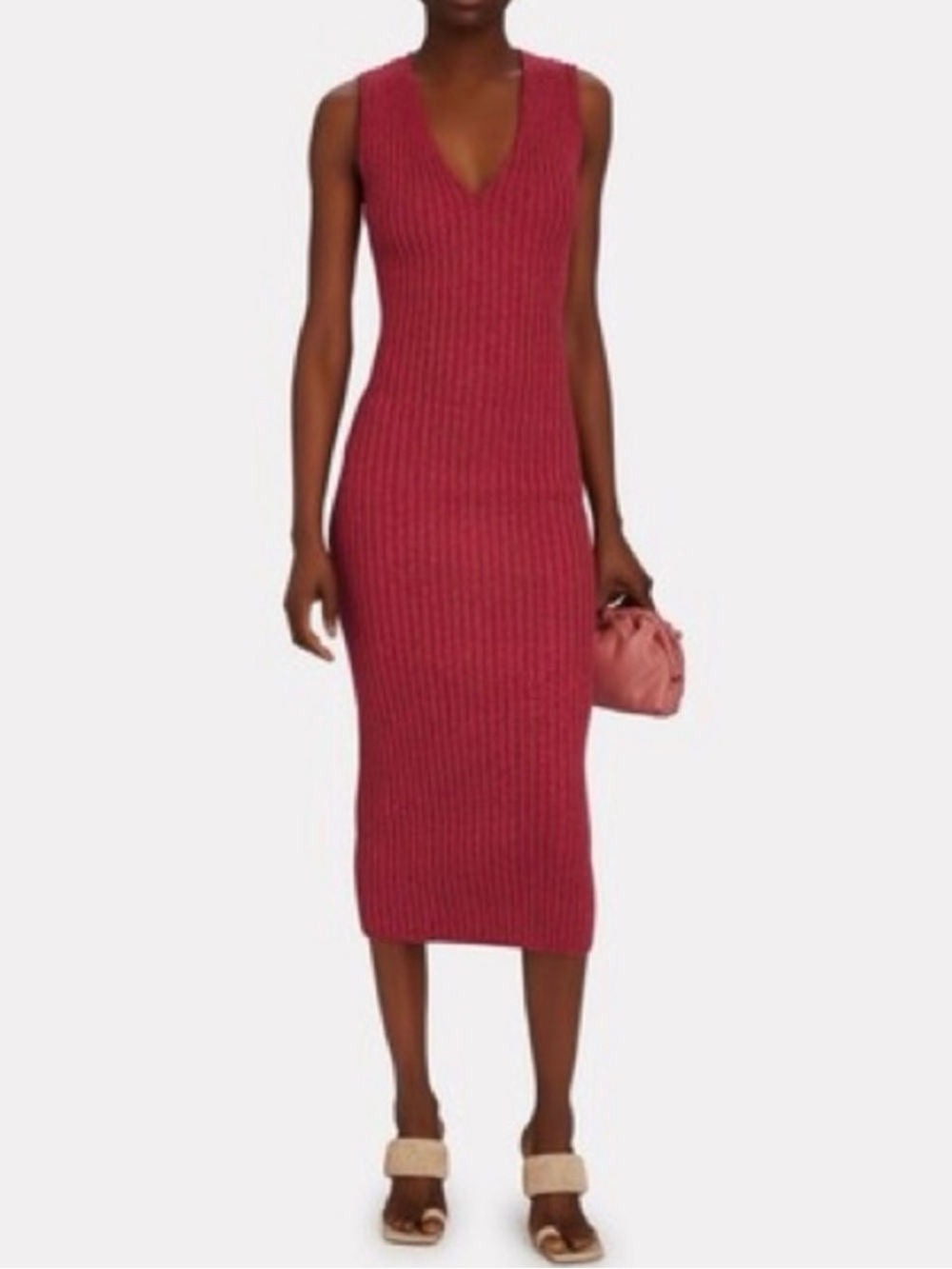 Ronny Kobo Sleeveless Ribbed V-Neck Midi Dress in Raspberry Pink M